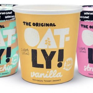 a variety of containers of Oat-Ly frozen desserts