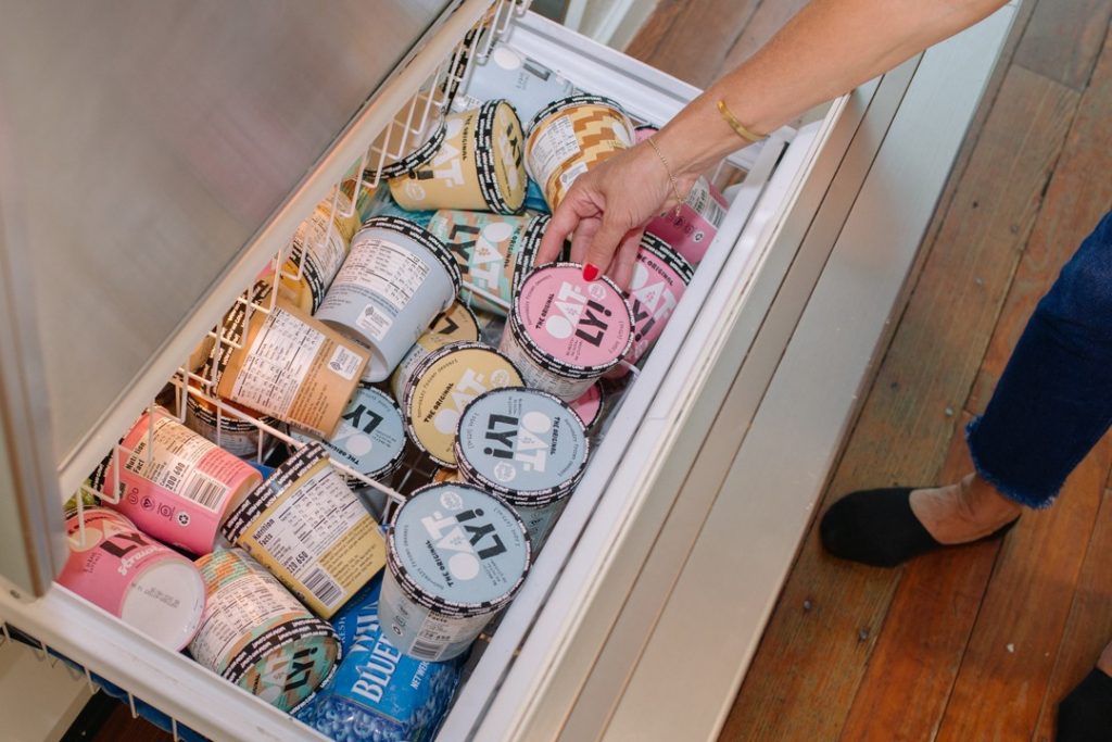 Oatly frozen dessert flavours in their plant-based packaging