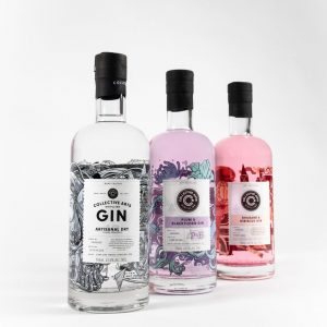 collective arts gin applied ceramic labelled glass bottle