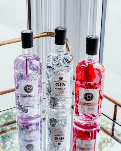 Three bottles of Collective Arts flavoured gin on a bar cart.