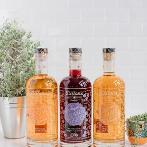 From left to right: Dillon’s 750mL Cassis in between two 750mL Dillon's Peach Schnapps on white countertops surrounded by decorative plants.